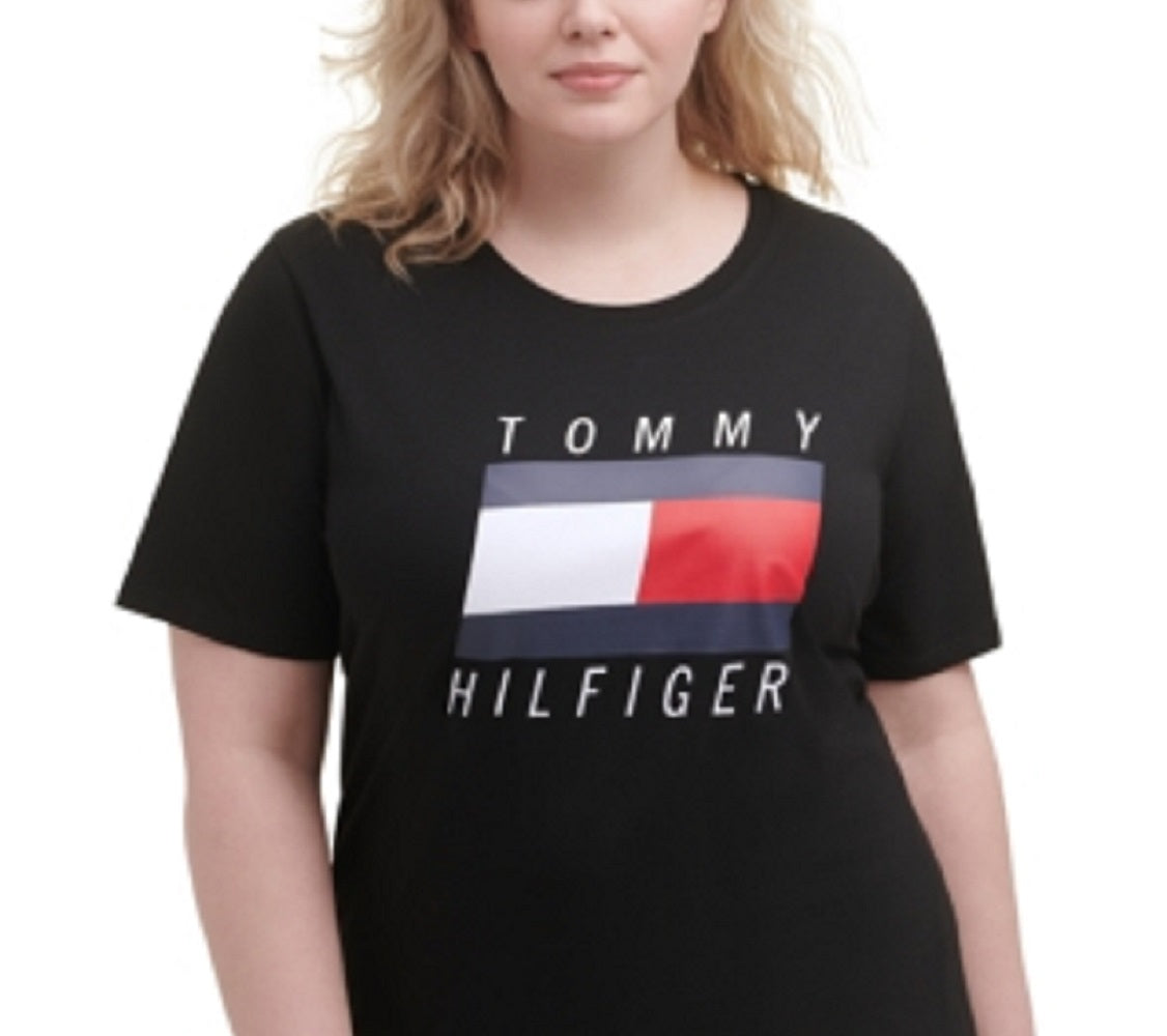 Tommy Hilfiger Women's Stretch Logo Graphic Short Sleeve Crew Neck T-Shirt Black Size 3X