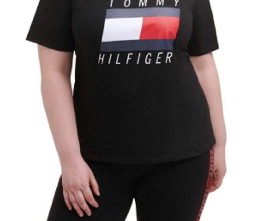 Tommy Hilfiger Women's Stretch Logo Graphic Short Sleeve Crew Neck T-Shirt Black Size 3X