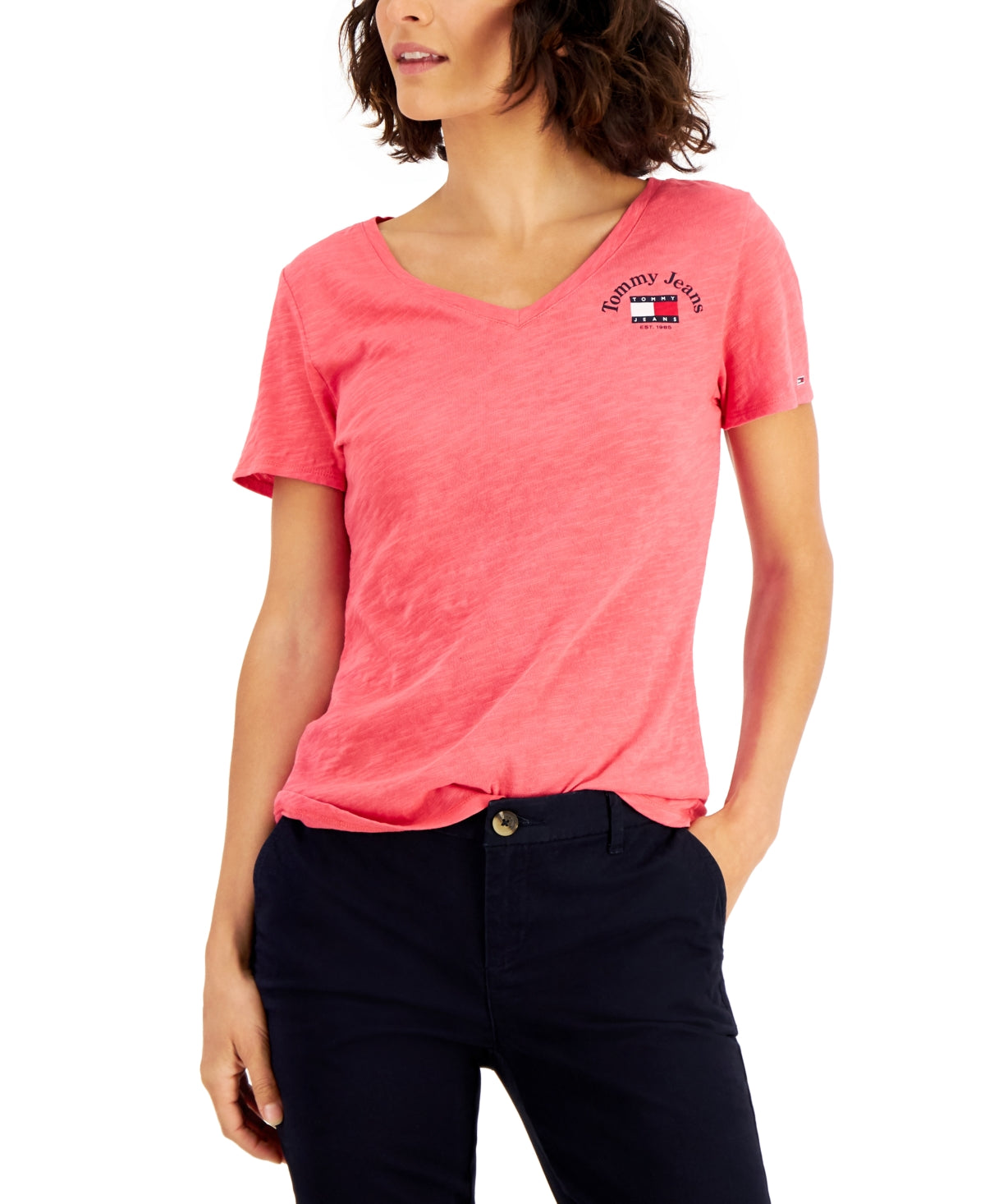 Tommy Jeans Women's V Neck Cotton T-Shirt Red Size Medium