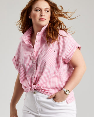 Tommy Hilfiger Women's Stretch Pocketed Cuffed Gingham Short Sleeve Point Collar Button Up Top Pink Size 3X