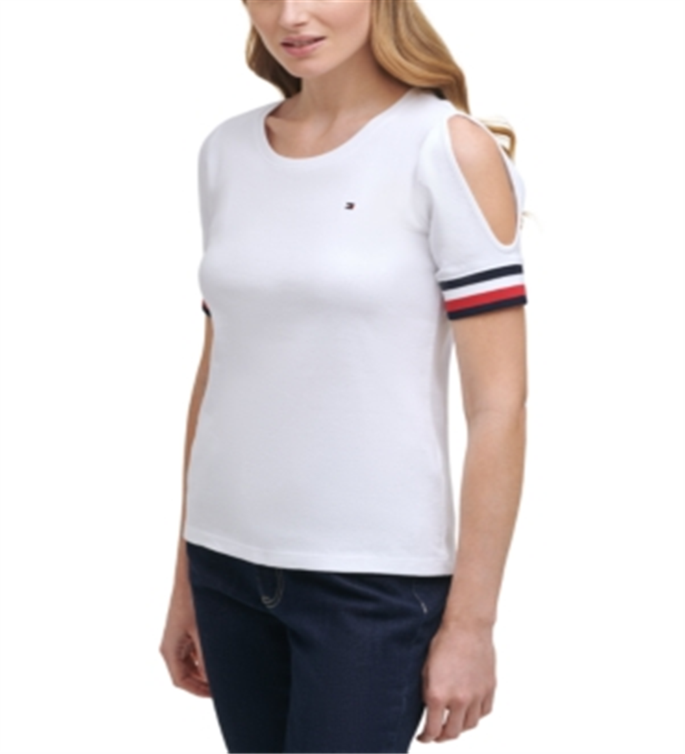 Tommy Hilfiger Women's Cold Shoulder Scoop Neck Top White Size Small