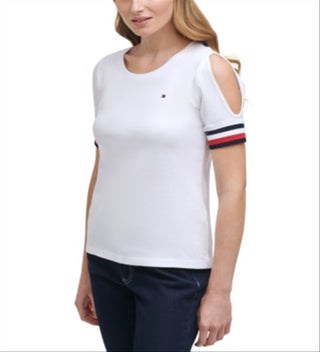 Tommy Hilfiger Women's Cold Shoulder Scoop Neck Top White Size Small