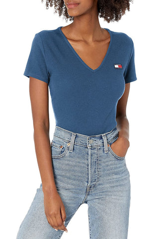 Tommy Jeans Women's Short Sleeve V Neck Bodysuit Blue Size X-Small