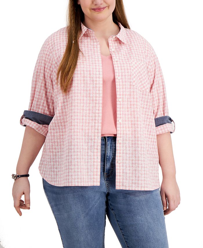 Tommy Hilfiger Women's Gingham Button Down Top Pink Size 2X