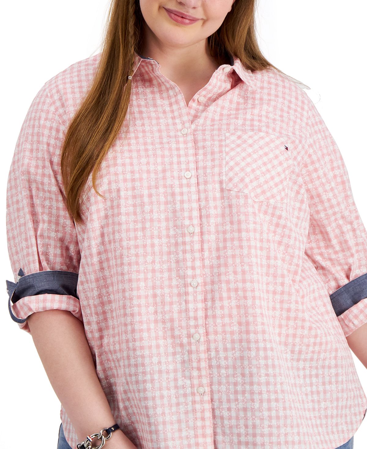 Tommy Hilfiger Women's Gingham Button Down Top Pink Size 2X