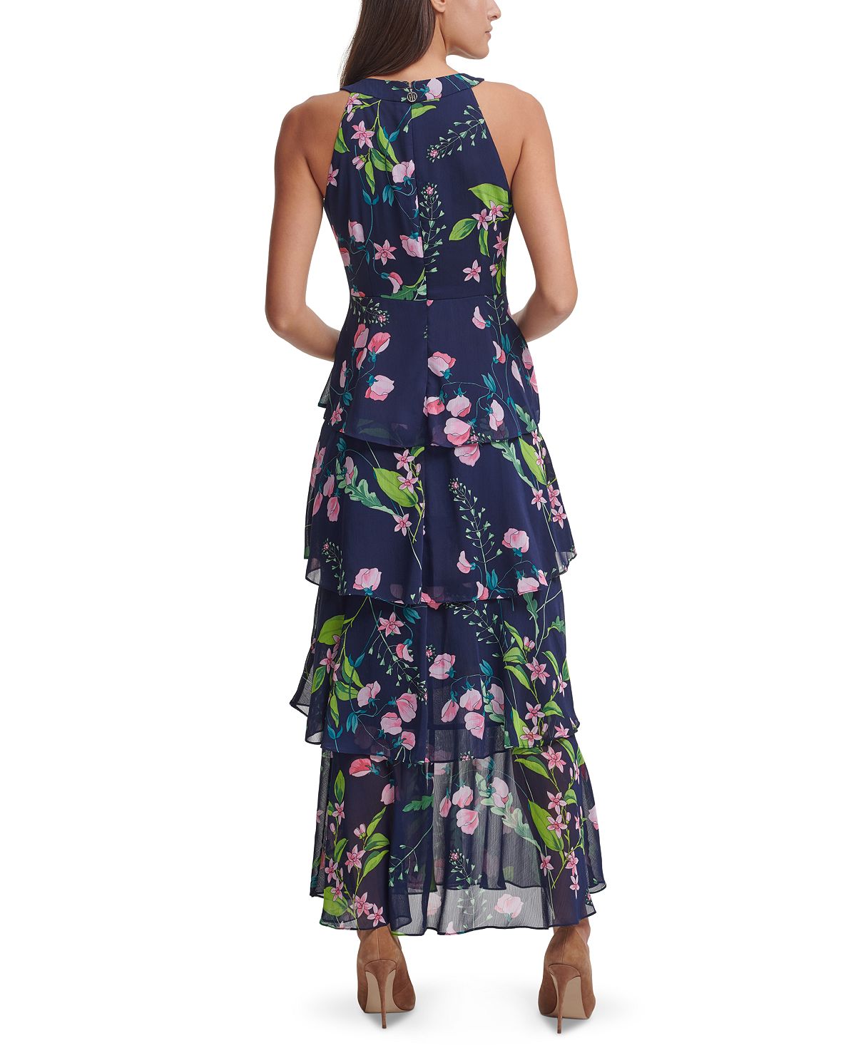 Tommy Hilfiger Women's Chiffon Tiered Halter Maxi Dress Blue Size 10