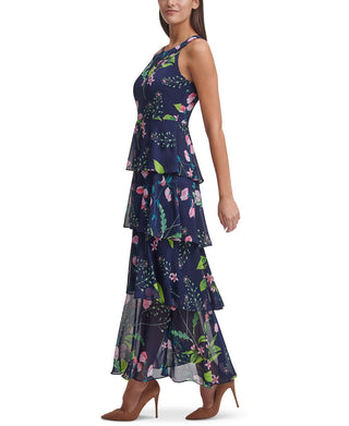 Tommy Hilfiger Women's Chiffon Tiered Halter Maxi Dress Blue Size 10