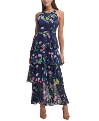 Tommy Hilfiger Women's Chiffon Tiered Halter Maxi Dress Blue Size 6