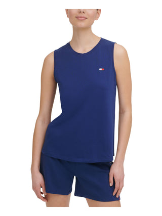 Tommy Hilfiger Women's Stretch Embroidered Racerback Mesh Trim Sleeveless Jewel Neck Active Wear Tank Top Blue Size X-Small