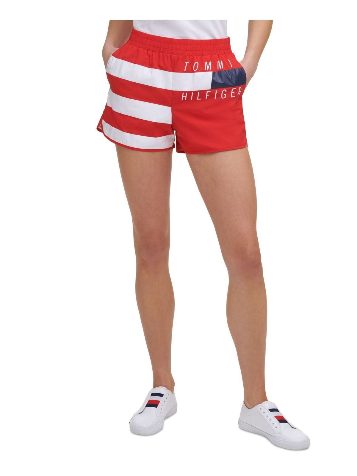 Tommy Hilfiger Women's Stretch Pocketed Interior Briefs Elastic Waist Logo Graphic Active Wear Shorts Red Size Small