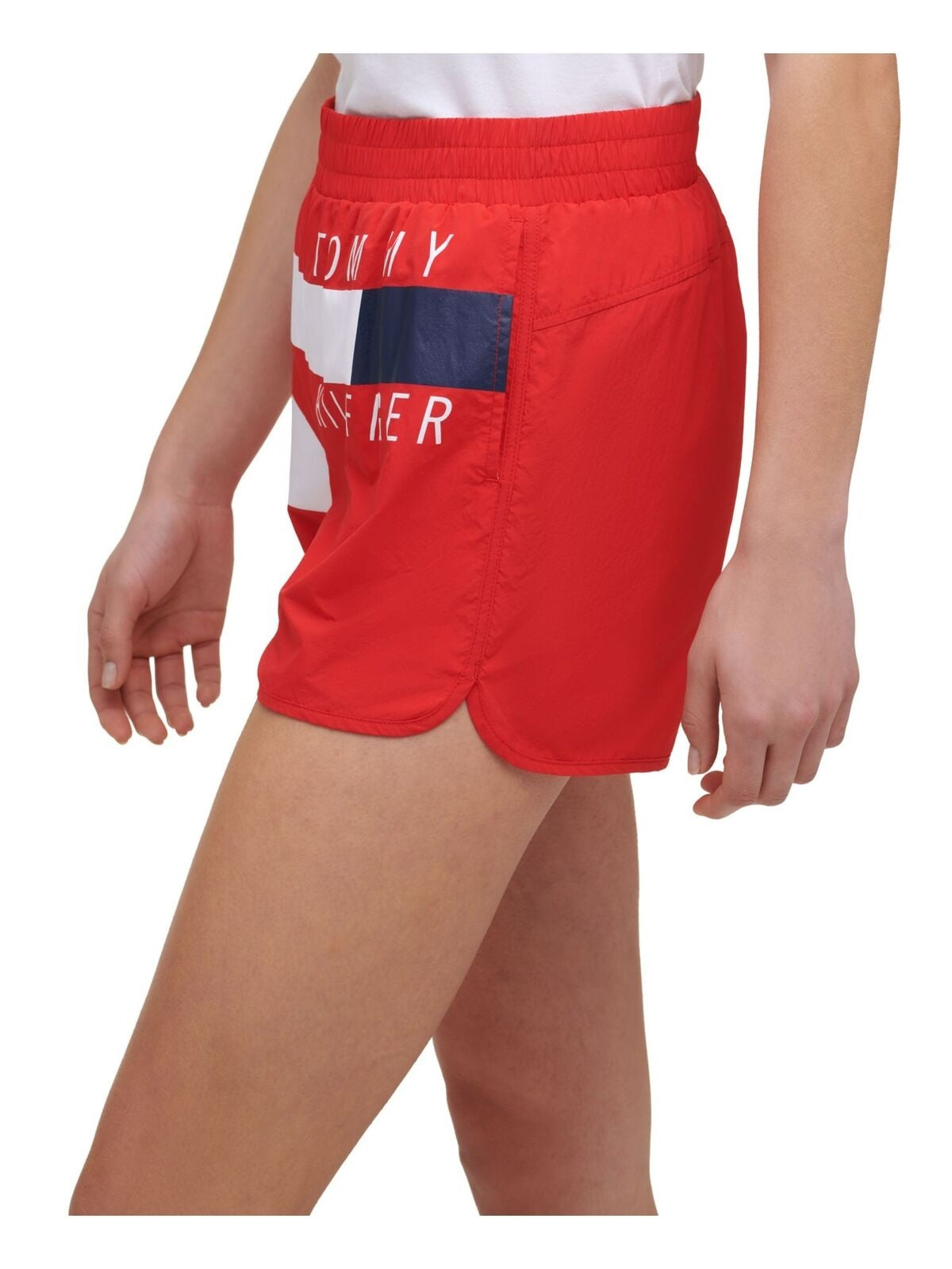 Tommy Hilfiger Women's Stretch Pocketed Interior Briefs Elastic Waist Logo Graphic Active Wear Shorts Red Size Small