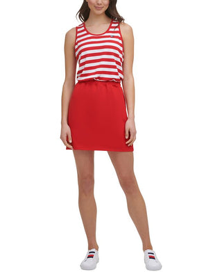 Tommy Hilfiger Women's Stretch Striped Sleeveless Scoop Neck Mini Sheath Dress Red Size Small