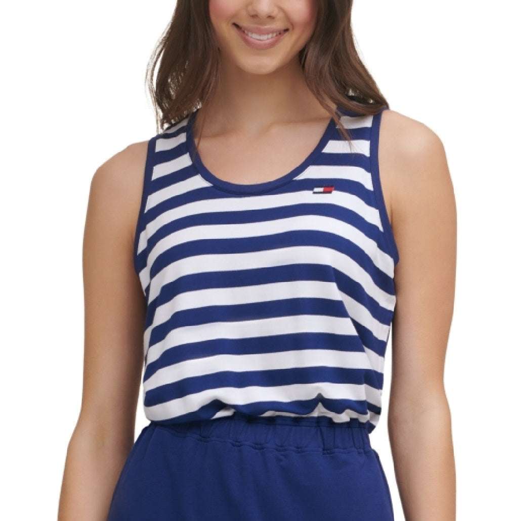 Tommy Hilfiger Women's Stretch Striped Sleeveless Scoop Neck Mini Sheath Dress Blue Size Medium