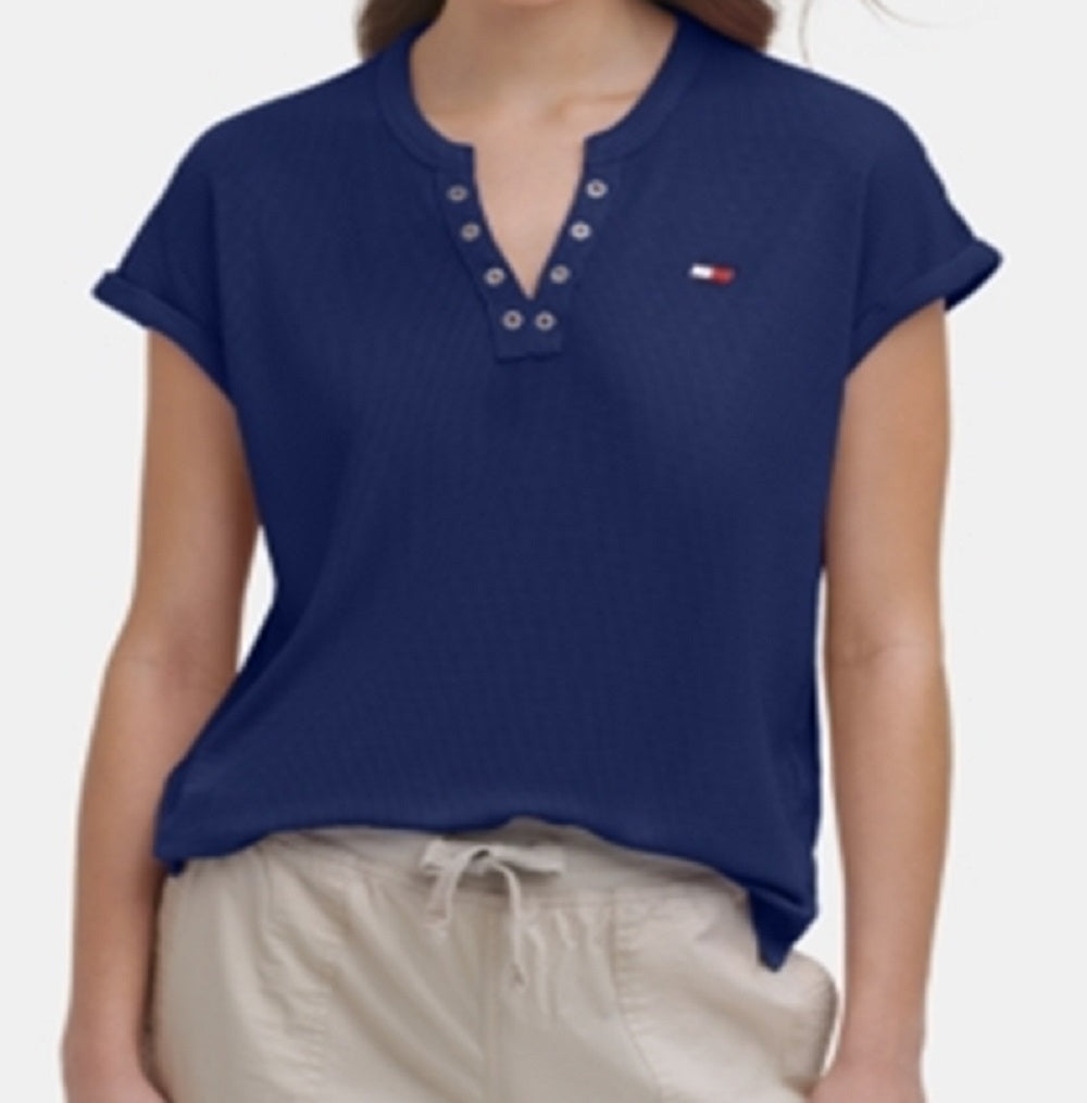 Tommy Hilfiger Women's Cap Sleeve Split T-Shirt Blue Size Small