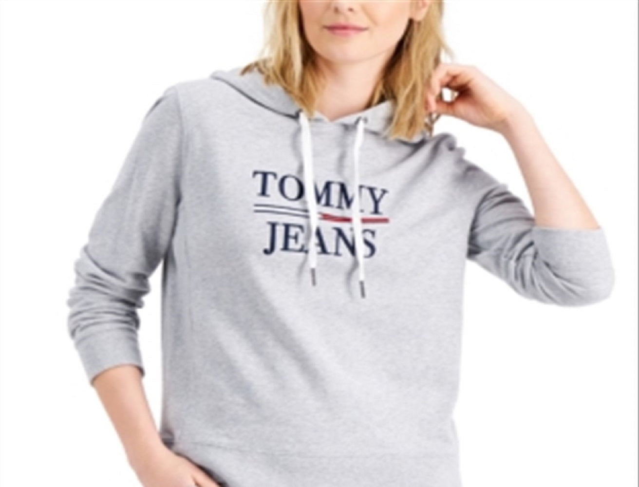 Tommy Jeans Women's Tie Ribbed Hem Cuffs And Side Seams Long Sleeve Hoodie Top Gray Size Medium