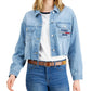 Tommy Jeans Women's Frayed Hem Logo Pocket Trucker Jean Jacket Blue Size Medium