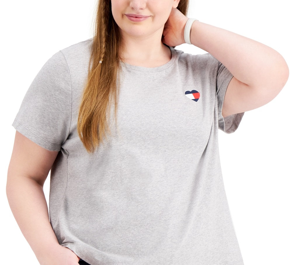 Tommy Hilfiger Women's Heart Flag Patchwork Heathered T-Shirt Gray Size 3X