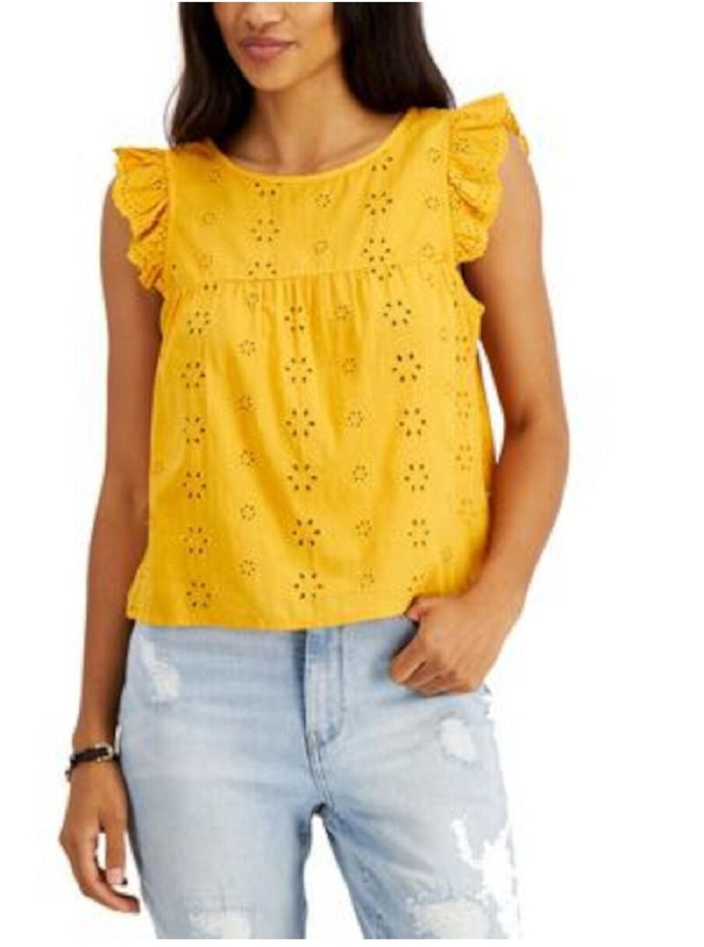 Tommy Hilfiger Women's Ruffled Eyelet Tie Keyhole Back Sleeveless Crew Neck Top Yellow Size X-Large