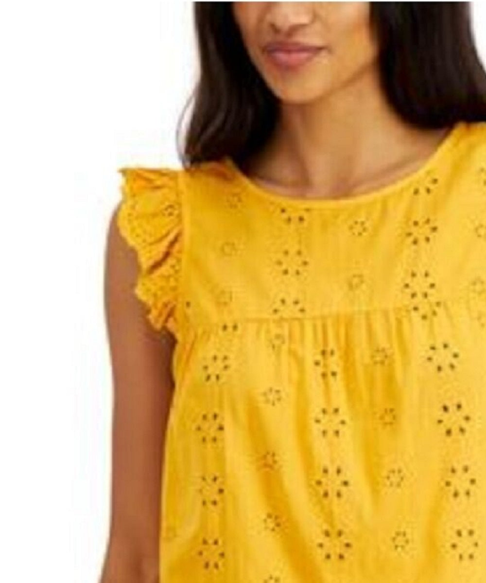 Tommy Hilfiger Women's Ruffled Eyelet Tie Keyhole Back Sleeveless Crew Neck Top Yellow Size X-Large