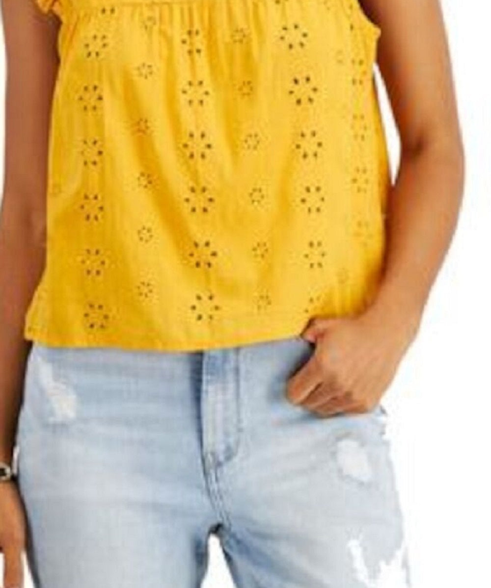 Tommy Hilfiger Women's Ruffled Eyelet Tie Keyhole Back Sleeveless Crew Neck Top Yellow Size X-Large