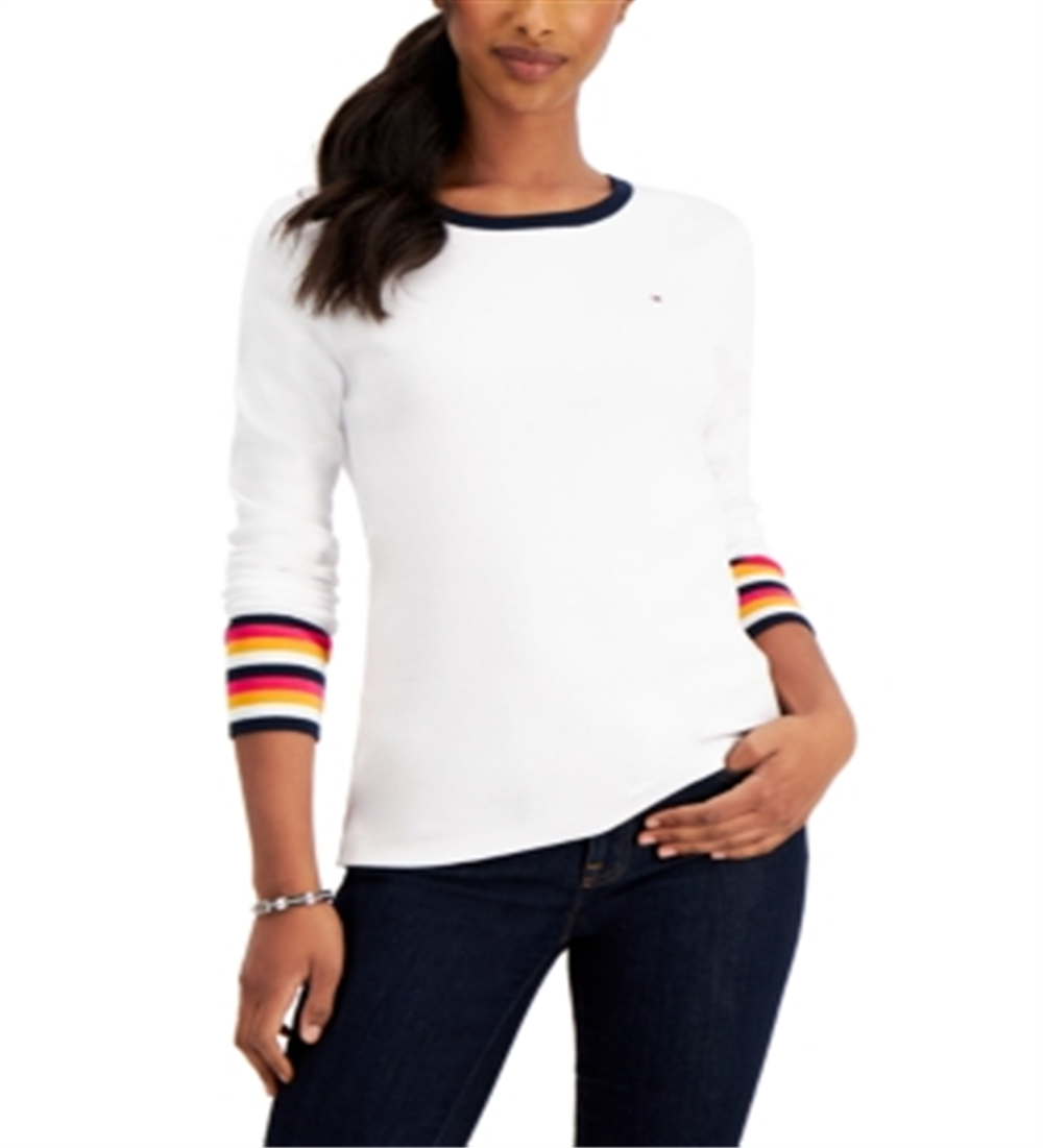 Tommy Hilfiger Women's Cotton Striped Cuff Top White Size Large