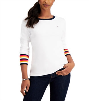 Tommy Hilfiger Women's Cotton Striped Cuff Top White Size Large