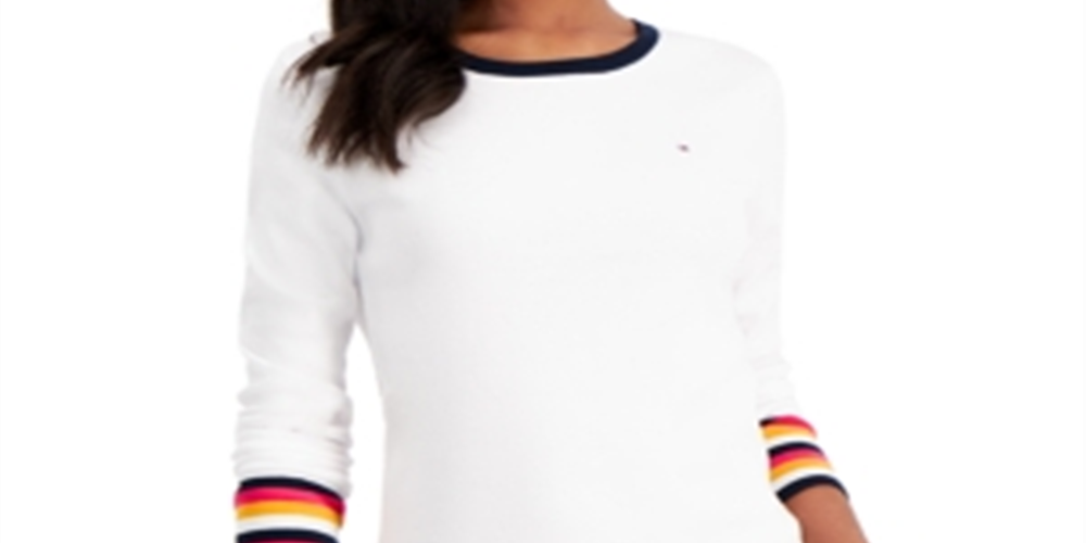 Tommy Hilfiger Women's Cotton Striped Cuff Top White Size Large