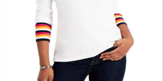 Tommy Hilfiger Women's Cotton Striped Cuff Top White Size Large