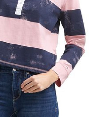 Tommy Jeans Women's Distressed Long Sleeve Cotton Polo Shirt Pink Size Large