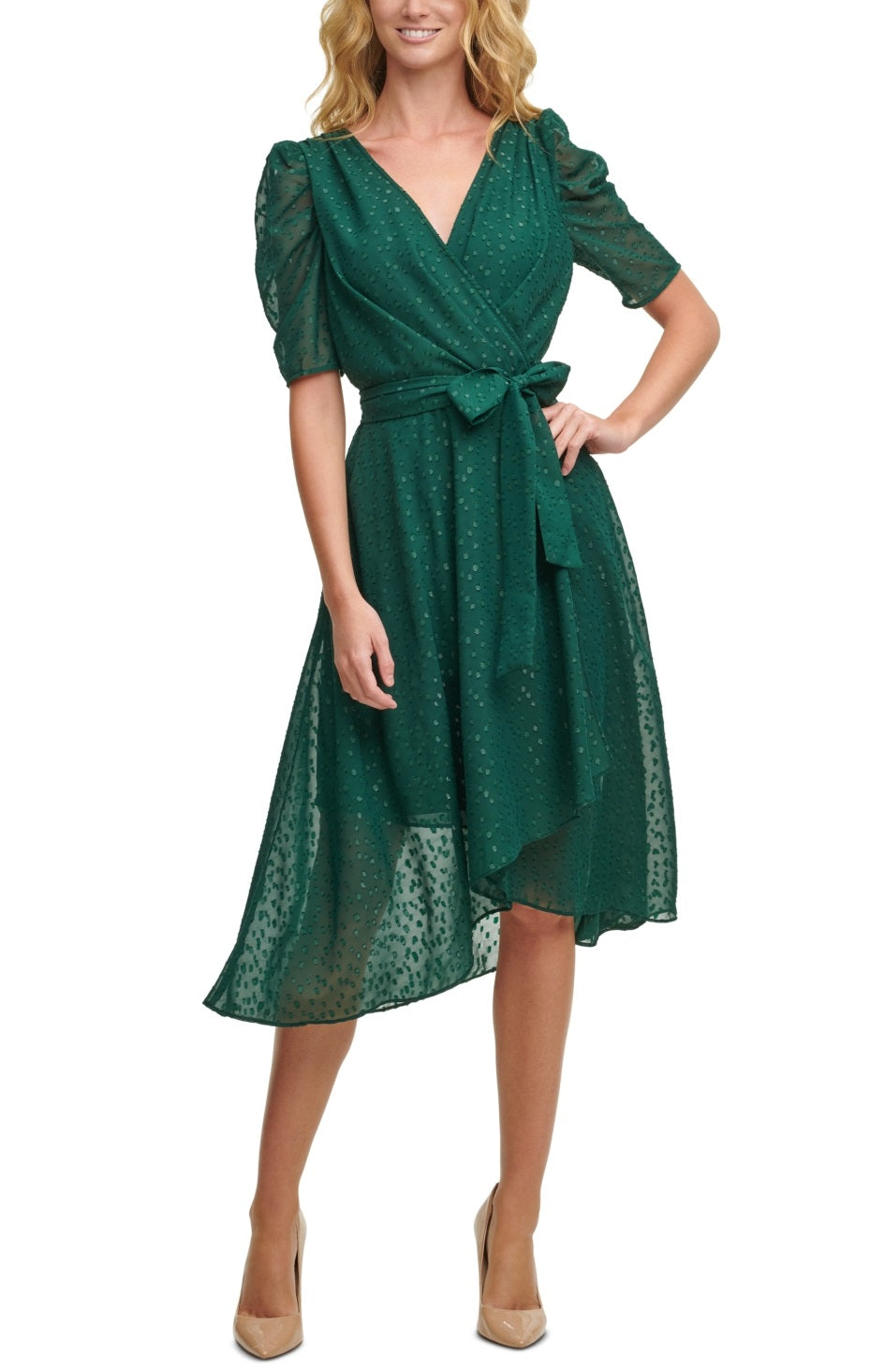Tommy Hilfiger Women's Glitter Dot Puff Sleeve Midi Dress Green Size 2