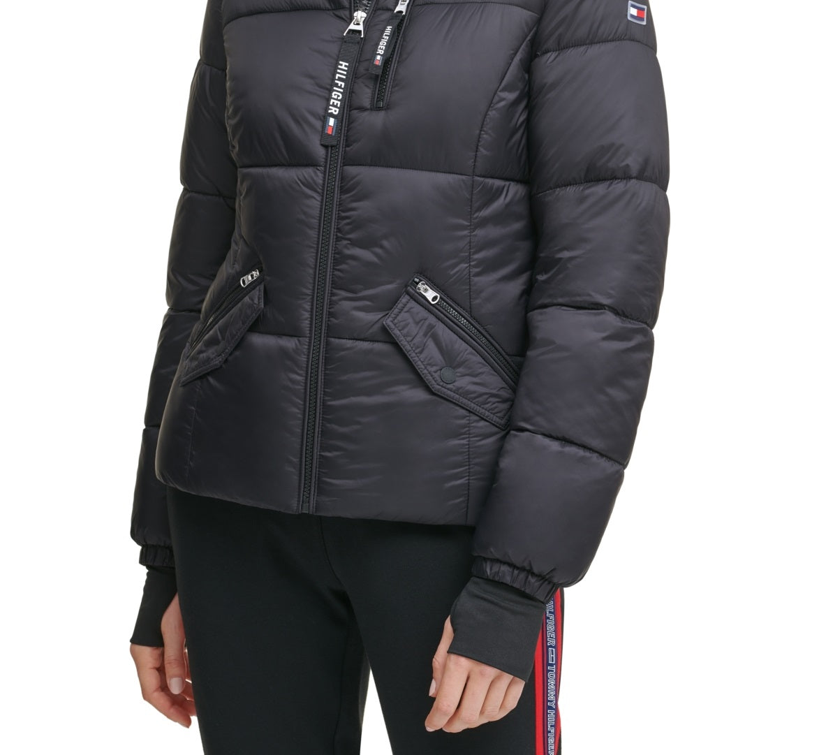 Tommy Hilfiger Women's Thumbhole Cuff Puffer Jacket Black Size Large