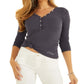 GUESS Women's Rib Knit Logo Henley Top Blue Size X-Large