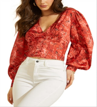 GUESS Women's Floral Button Down Erika Blouse Pink Size Large