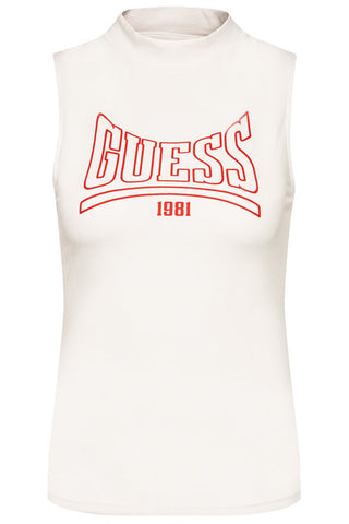 GUESS Women's Sleeveless Mock Neck Logo Top White Size Large