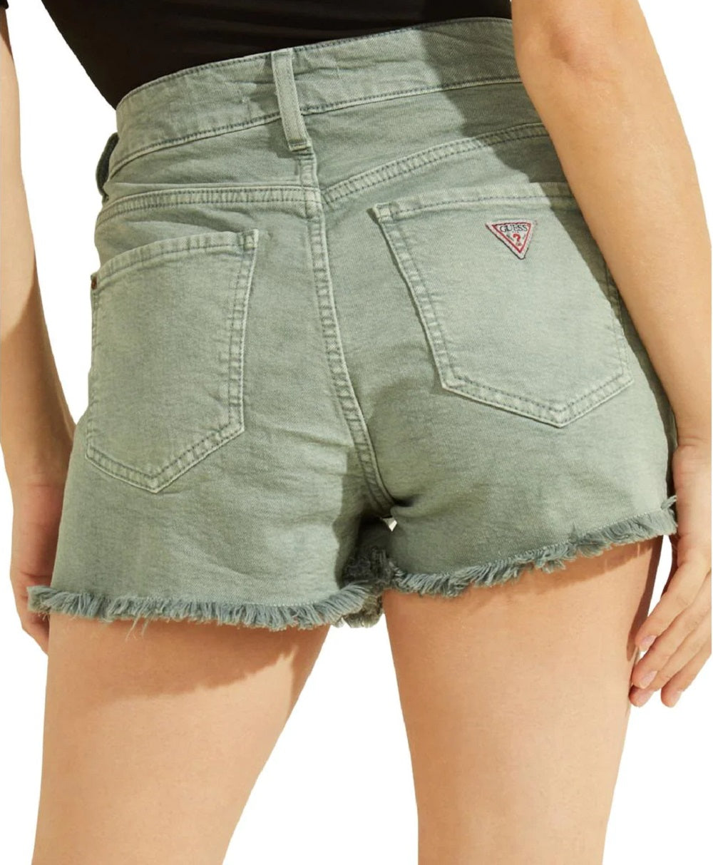 GUESS Women's Stretch Zippered Pocketed Frayed Hem Denim Mom High Waist Shorts Green Size 29