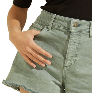 GUESS Women's Stretch Zippered Pocketed Frayed Hem Denim Mom High Waist Shorts Green Size 29