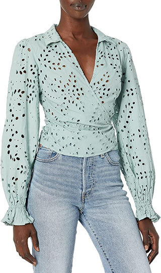 GUESS Women's Kamy Eyelet Tie Front Wrap Top Green Size M