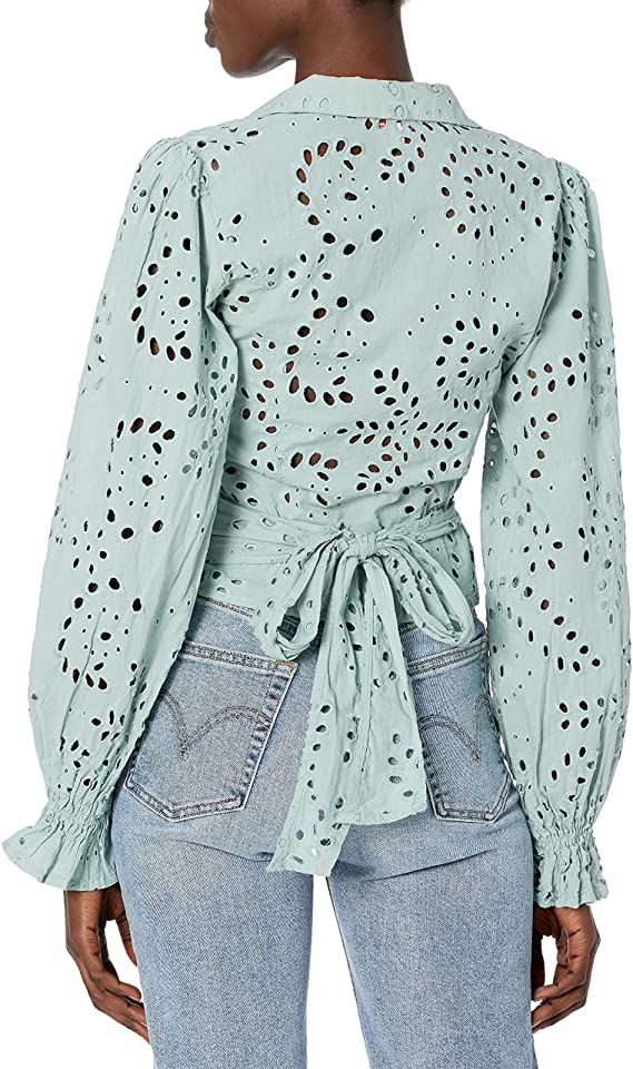 GUESS Women's Kamy Eyelet Tie Front Wrap Top Green Size M