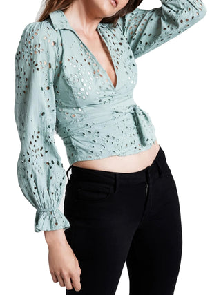 GUESS Women's Kamy Eyelet Wrap Blouse Green Size X-Large