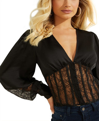 GUESS Women's Amira Lace Corset Blouse Black Size Large