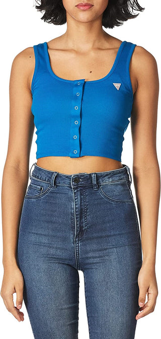 GUESS Women's Sleeveless Classic Ribbed Crop Tank Blue Size X-Large
