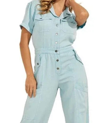 GUESS Women's Kinsley Crop Cargo Jumpsuit Blue Size Large