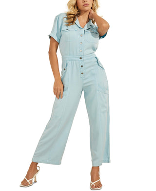 GUESS Women's Kinsley Crop Cargo Jumpsuit Blue Size Large