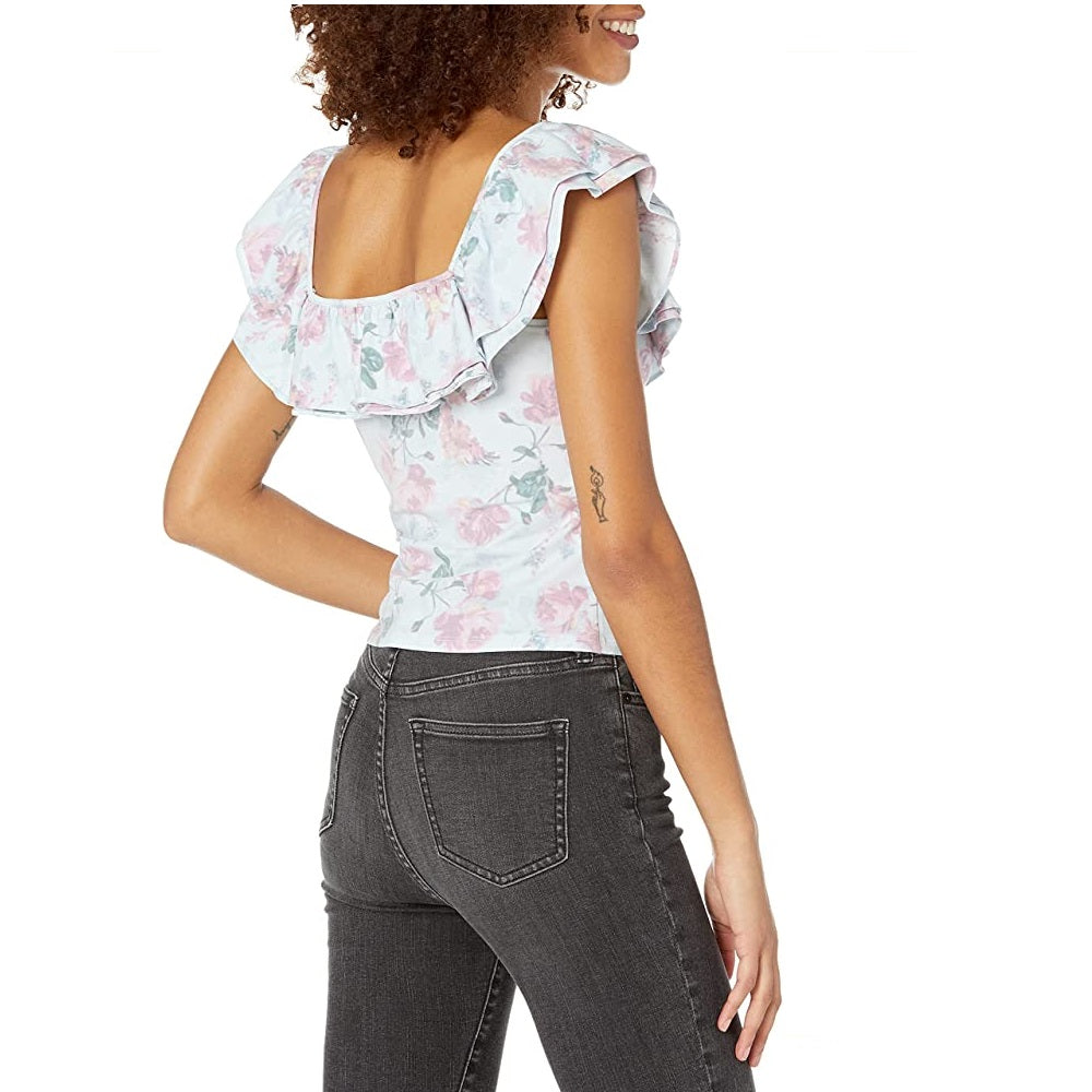 GUESS Women's Veronika Ruffled Floral T-Shirt Blue Size Large