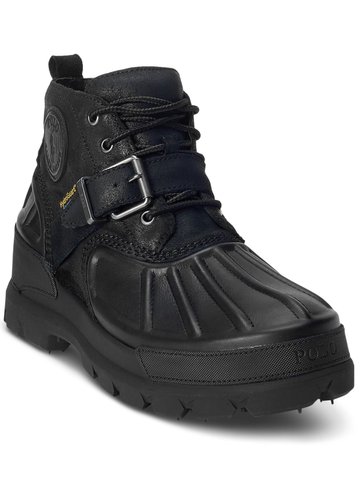 Ralph Lauren Men's Waterproof Buckle Accent Oslo Round Toe Wedge Lace Up Leather Boots Black