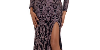 Betsy & Adam Women's Sequin Tapestry Long Sleeve Sheath Gown Black Size 14