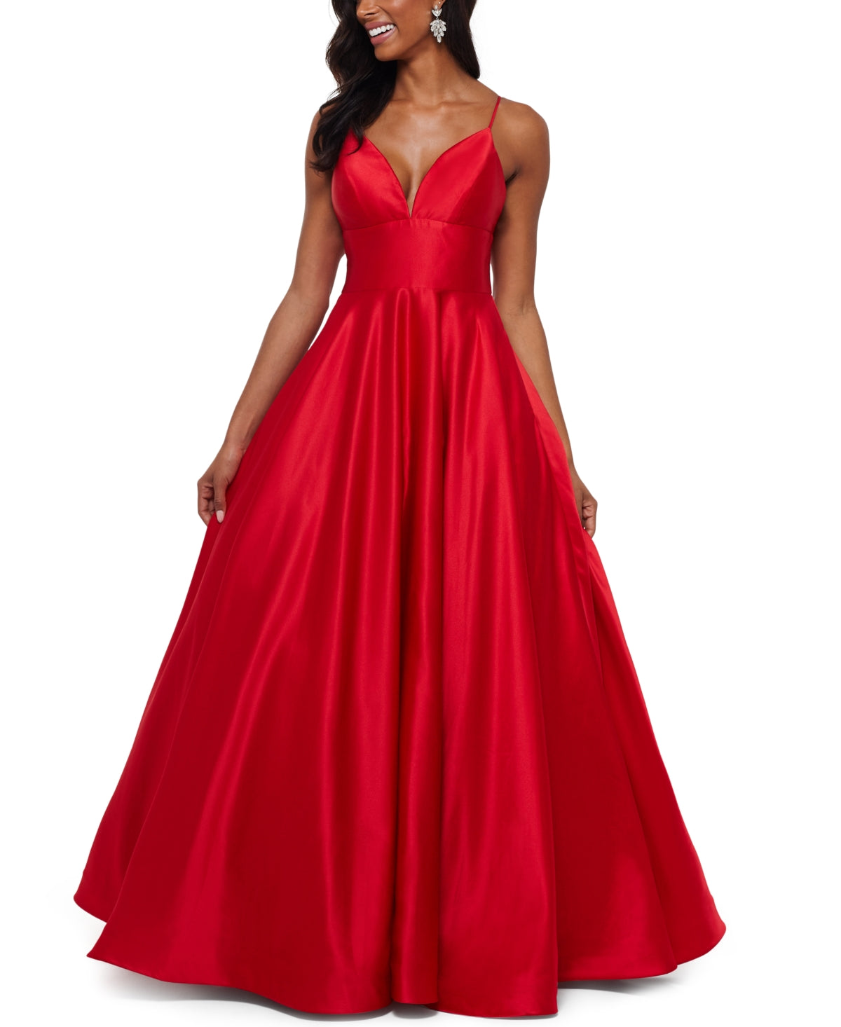 Betsy & Adam Women's Satin V Neck Ball Gown Red Size 2