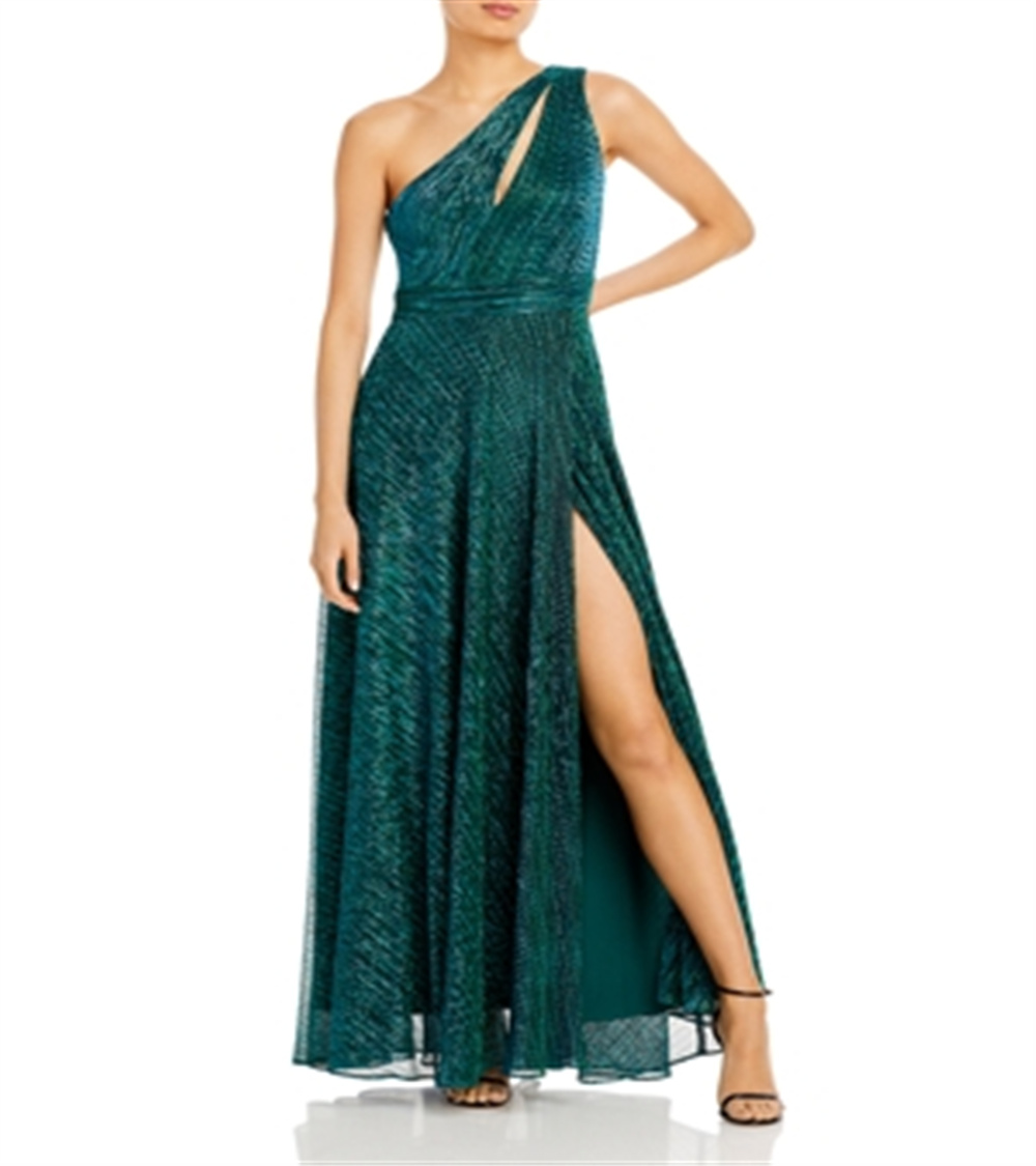 Aqua Women's One Shoulder Crinkled Metallic Gown Green Size 8