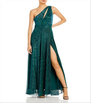 Aqua Women's One Shoulder Crinkled Metallic Gown Green Size 8