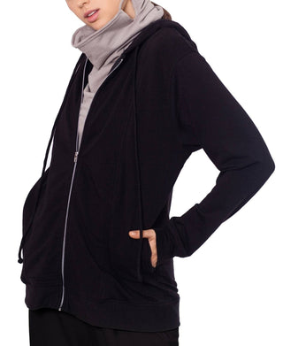 Betsy & Adam Women's Stretch Zippered Pocketed With Removable Mask Long Sleeve Hoodie Sweater Black Size X-Small